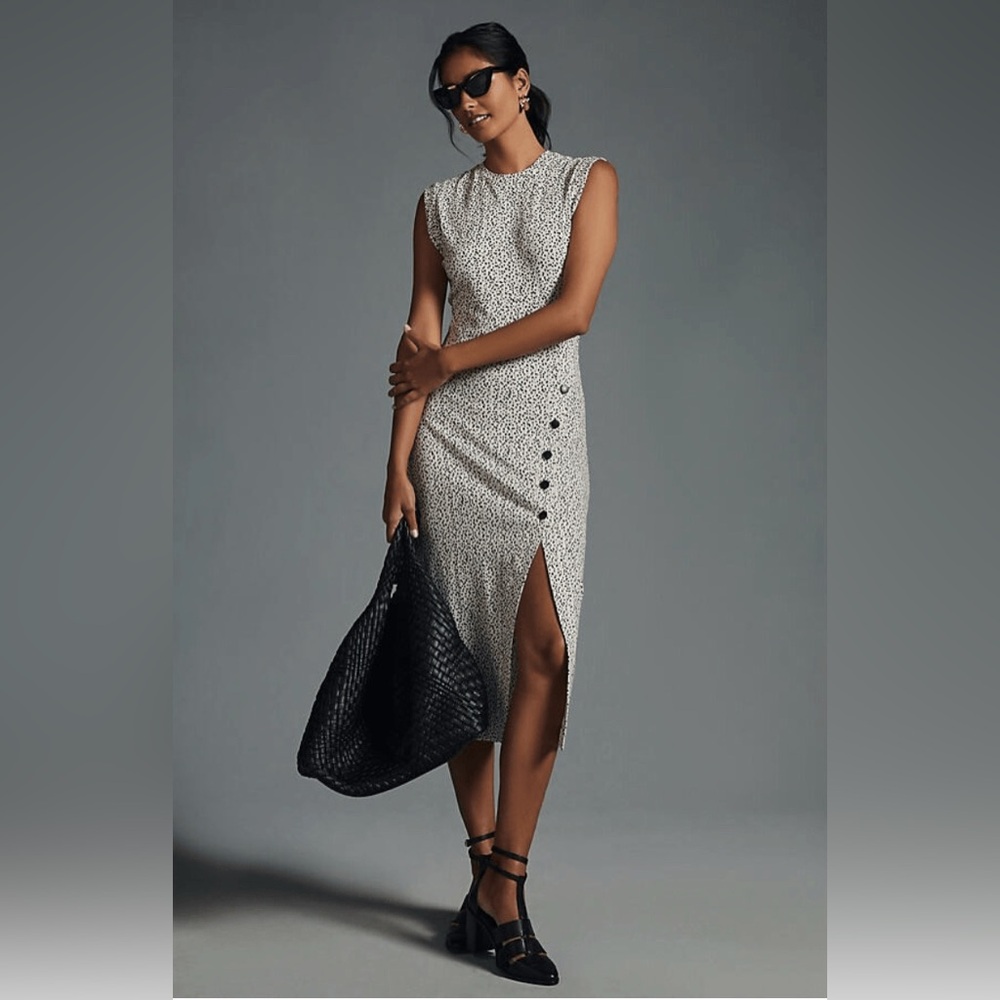 Anthropologie Cream Printed Midi Dress with Side Button Slit